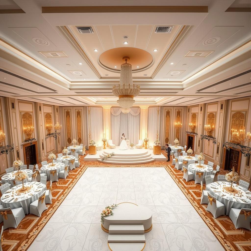 A luxurious banquet hall designed for a tropical-themed wedding reception