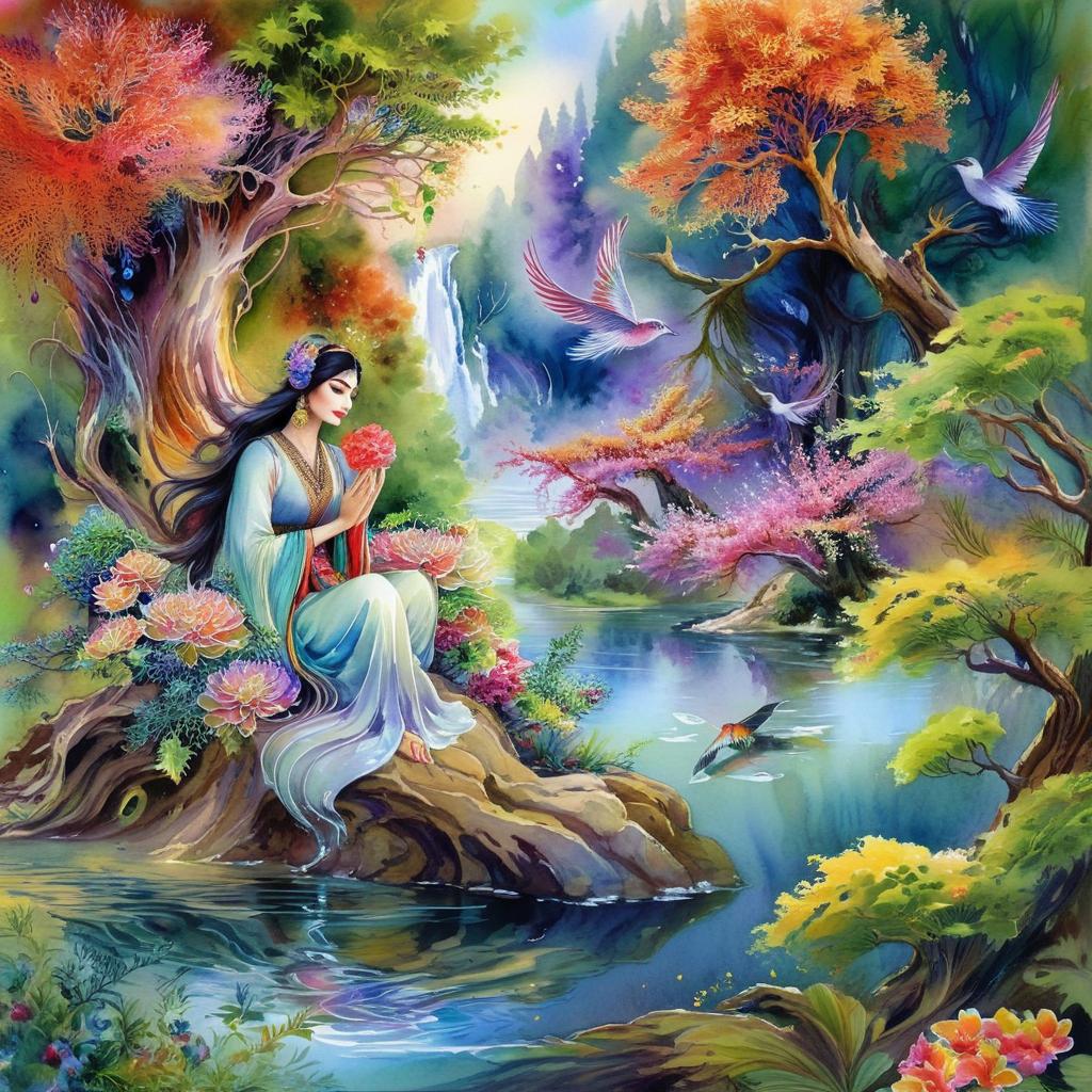 Mystical and spiritual watercolor painting of a beautiful Iranian woman sitting on a rock on a beautiful and peaceful pond in a dense forest with cypress trees, plane trees, grapevines, winding bonsai trees, and a whirlwind of colorful flowers and beautiful.