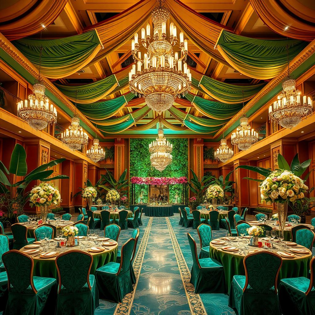 An opulent tropical luxury banquet hall designed for receptions and events, showcasing an interior decorated in rich emerald green, warm caramel, and sparkling gold tones