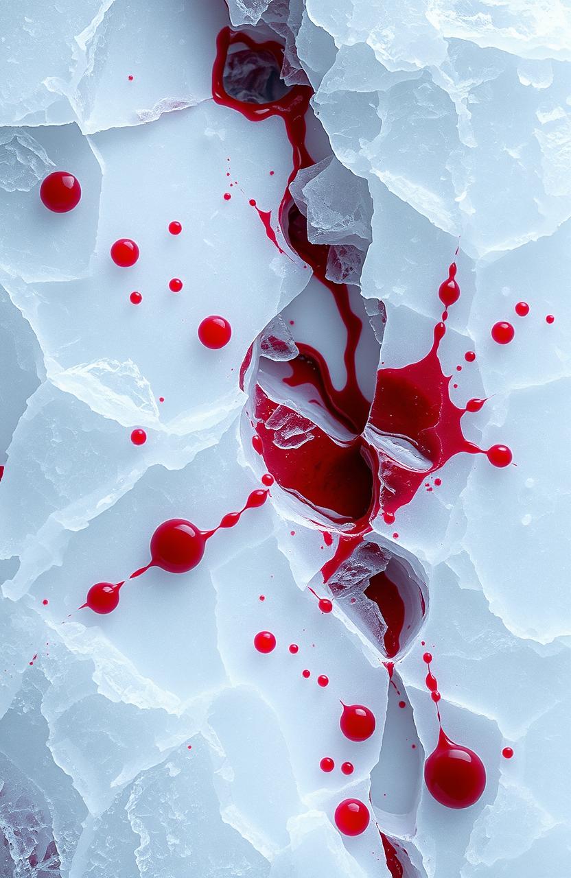 A captivating book cover design inspired by themes of fantasy and romance, featuring a predominantly white background that resembles ice, gently mixed with splashes of deep red blood to create a striking contrast