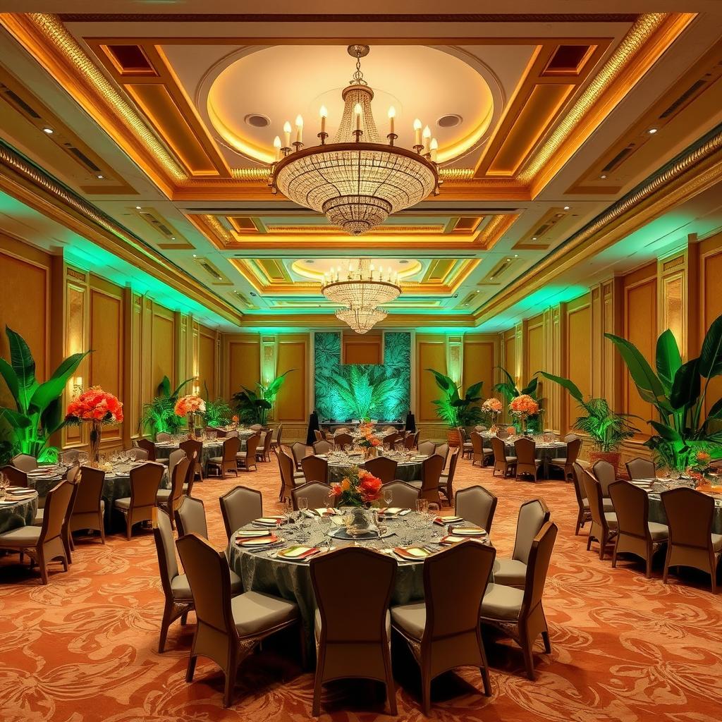 A tropical luxury banquet hall designed for receptions and events, showcasing an exquisite interior infused with caramel, gold, and emerald colors