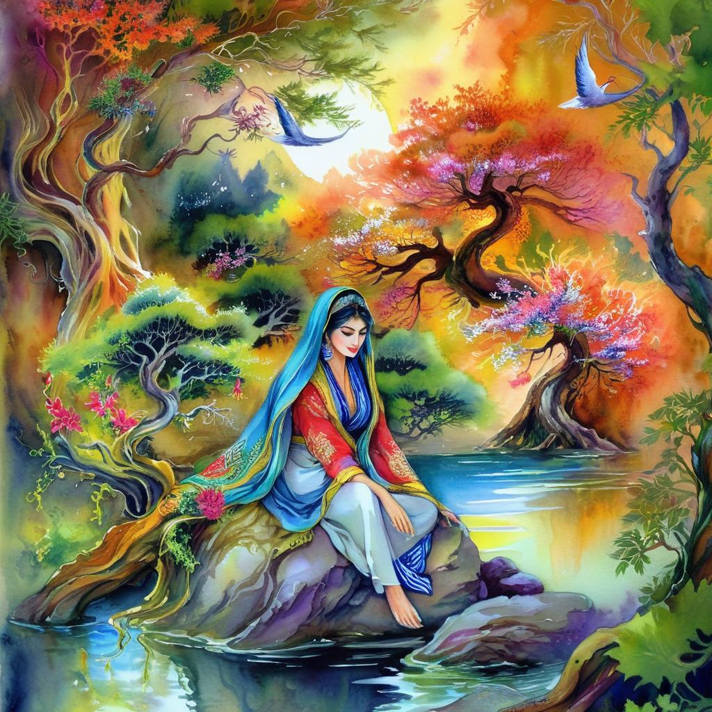 Mystical and spiritual watercolor painting of a beautiful Iranian woman sitting on a rock on a beautiful and peaceful pond in a dense forest with cypress trees, plane trees, grapevines, winding bonsai trees, and a whirlwind of colorful flowers and beautiful.