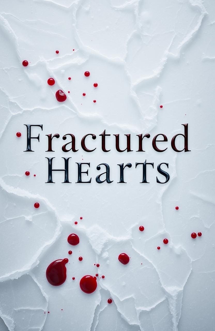 A book cover design featuring a white icy background filled with subtle splashes and drips of blood