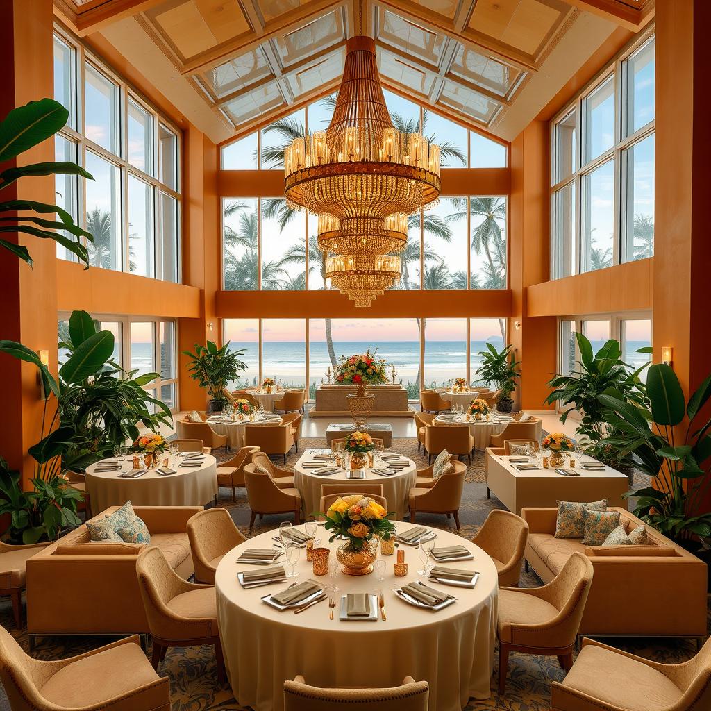 A stunning tropical luxury banquet hall located at a beach resort, designed for receptions and events