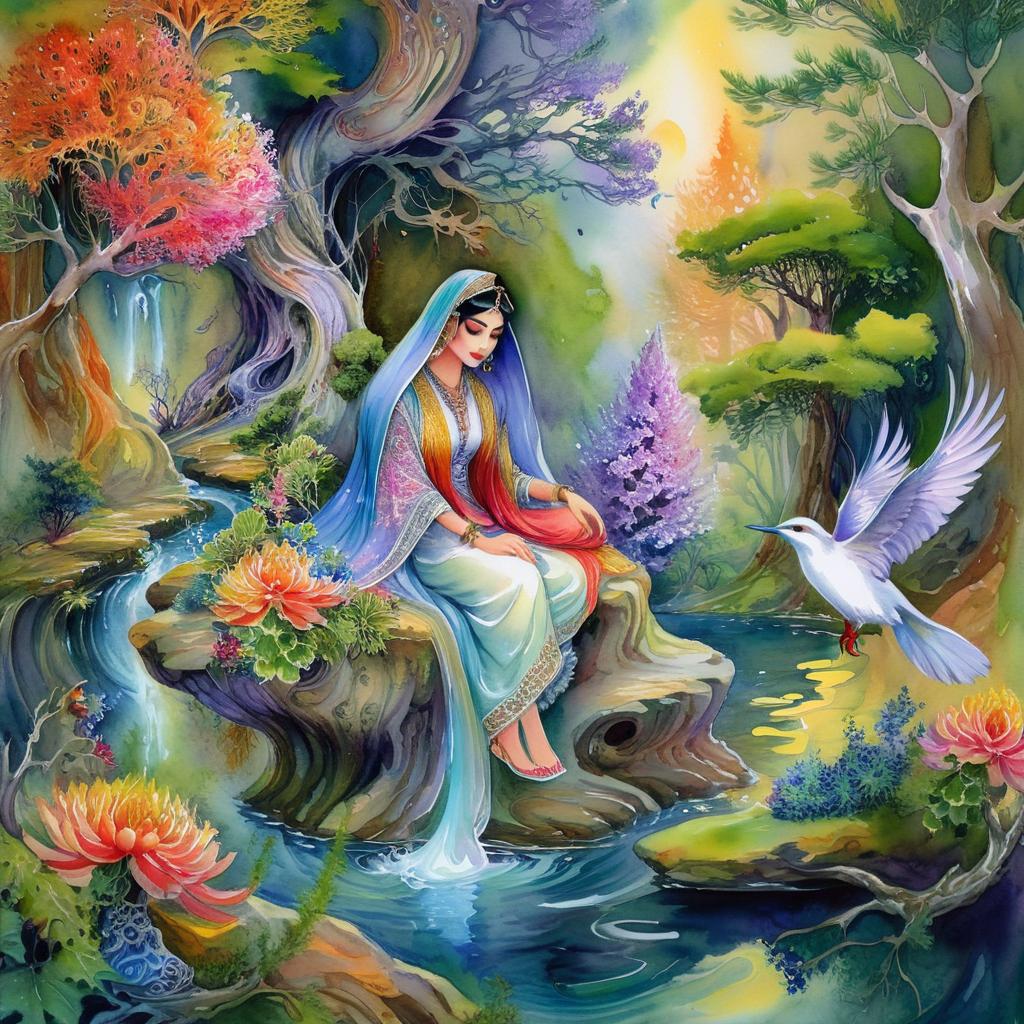 Mystical and spiritual watercolor painting of a beautiful Iranian woman sitting on a rock on a beautiful and peaceful pond in a dense forest with cypress trees, plane trees, grapevines, winding bonsai trees, and a whirlwind of colorful flowers and beautiful.