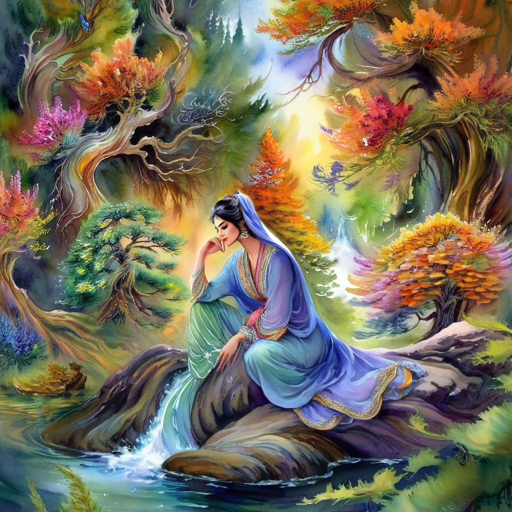 Mystical and spiritual watercolor painting of a beautiful Iranian woman sitting on a rock on a beautiful and peaceful pond in a dense forest with cypress trees, plane trees, grapevines, winding bonsai trees, and a whirlwind of colorful flowers and beautiful.