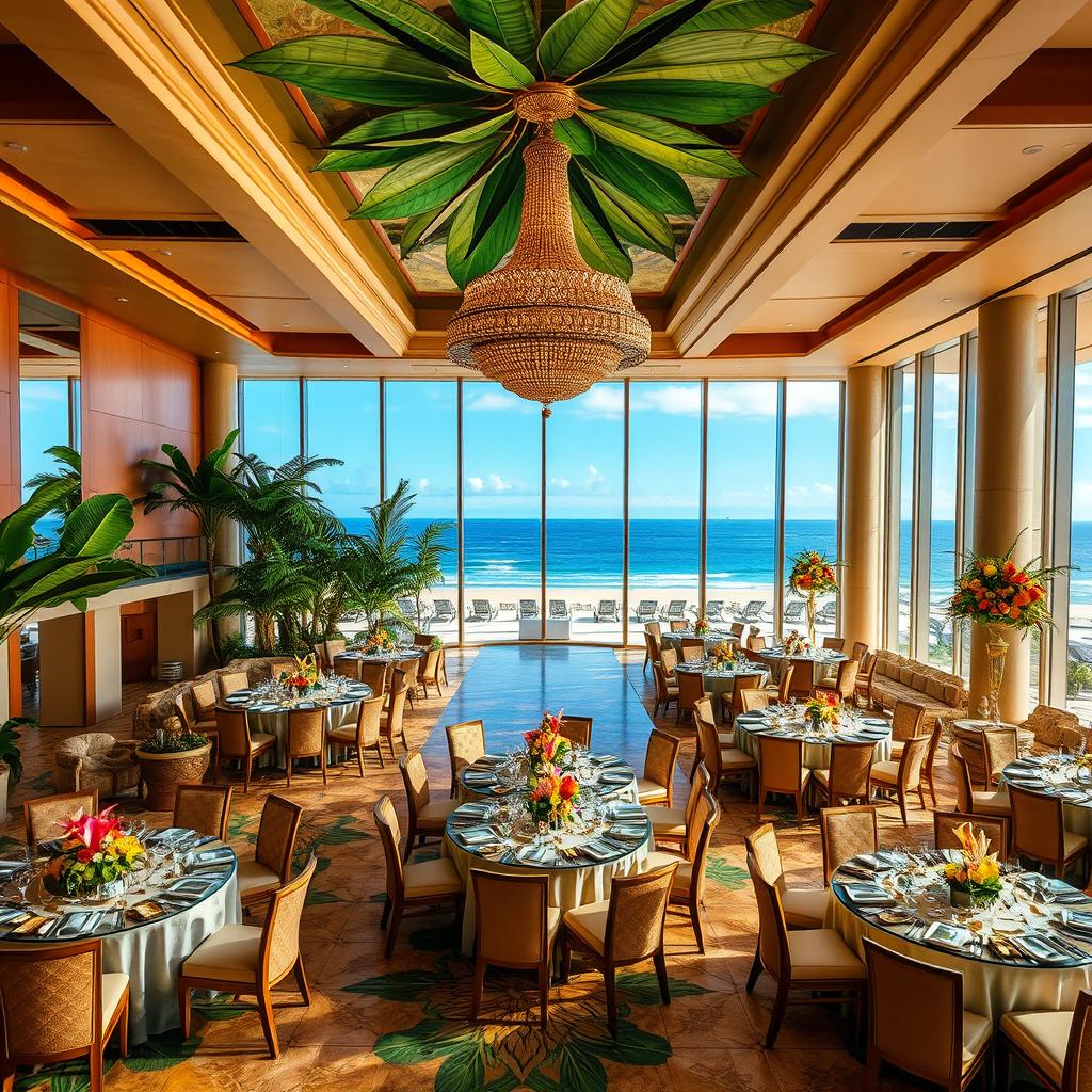 An opulent banquet hall designed with tropical luxury in mind, situated at a beach resort