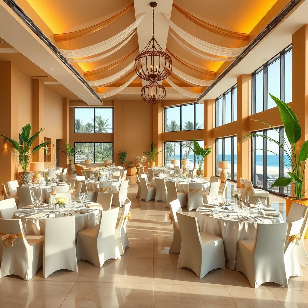 A simple yet elegant banquet hall exhibiting tropical luxury, located in a beach resort
