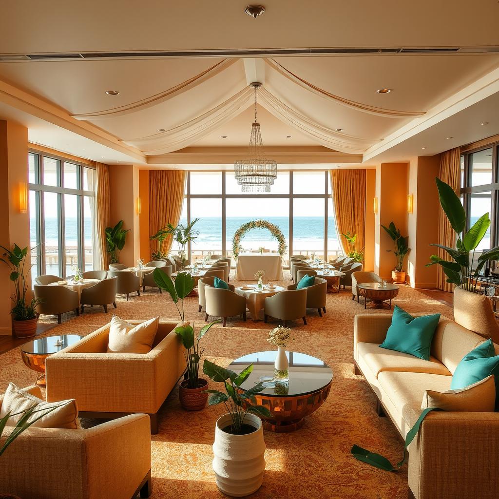 A beautifully designed banquet hall that embodies tropical luxury without being overly fancy, located in a beach resort