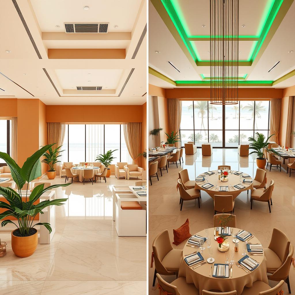 Two images of a simple yet elegant banquet hall that embodies tropical luxury, located in a beach resort