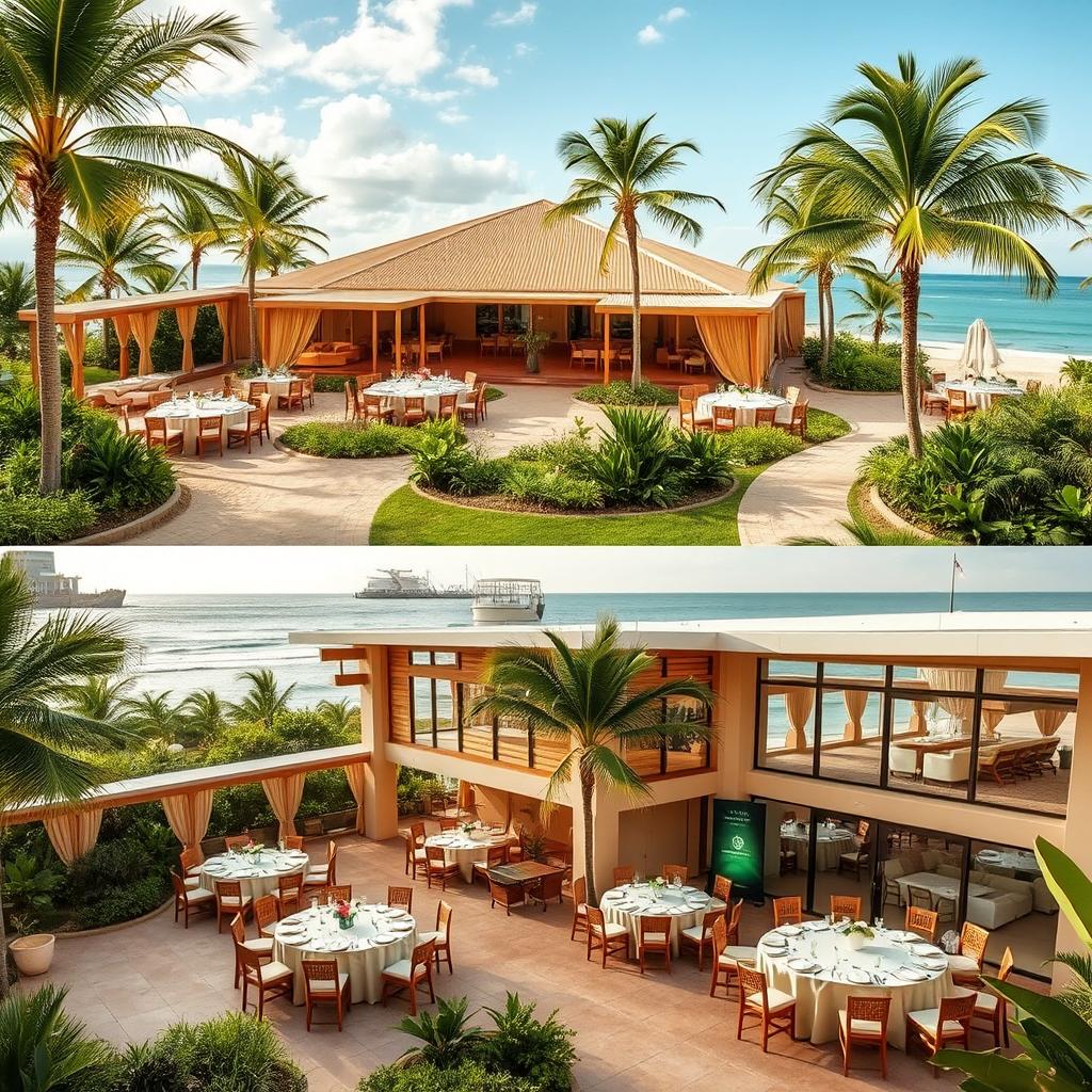 Two images showcasing a landscape of a beach resort featuring a banquet hall and reception hall designed with tropical luxury in a simple yet not overly fancy style