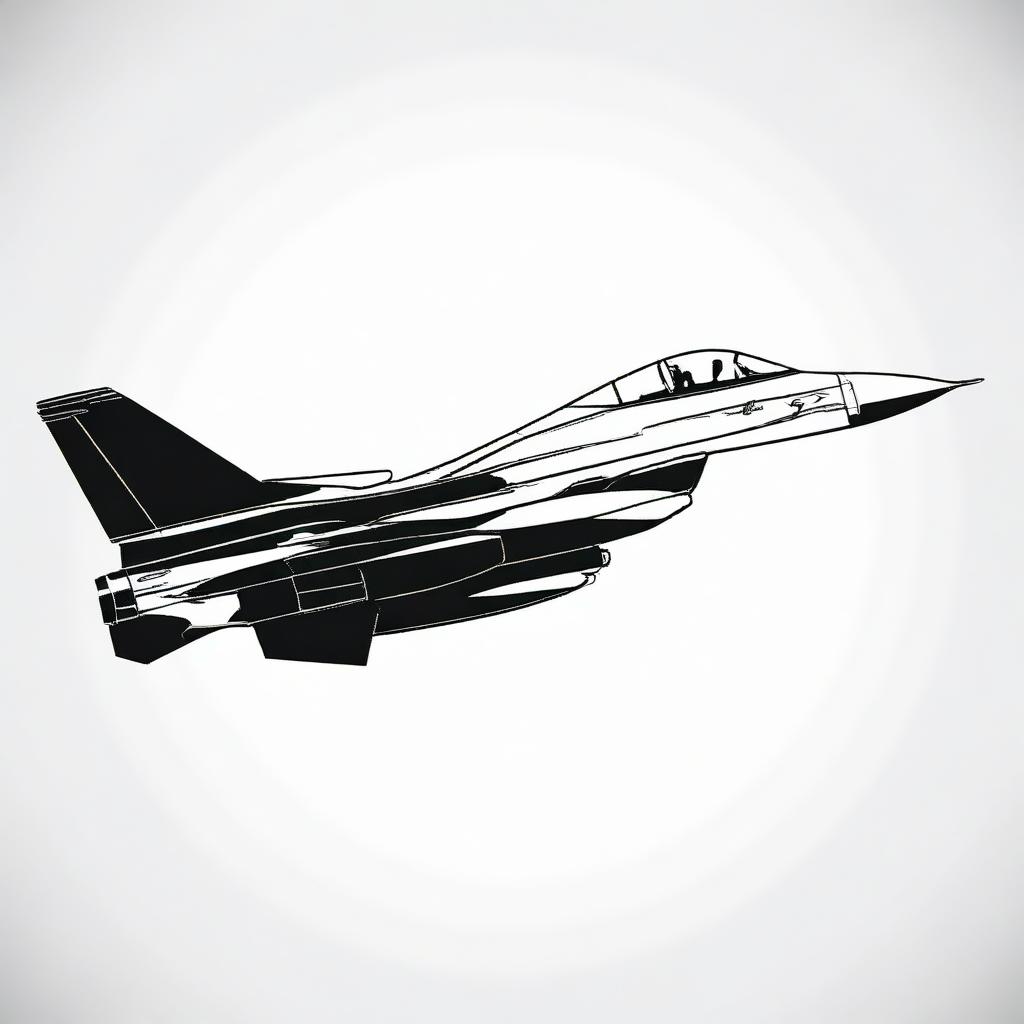 A small, high contrast, black and white vector-style illustration of an F16 airplane viewed from the side, on a white background. Use a simple, flat design and line art style without any colors.