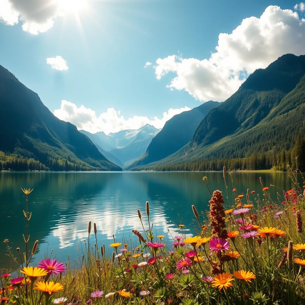 An image depicting a beautiful landscape with a serene lake reflecting the sky, surrounded by tall mountains and lush green forests