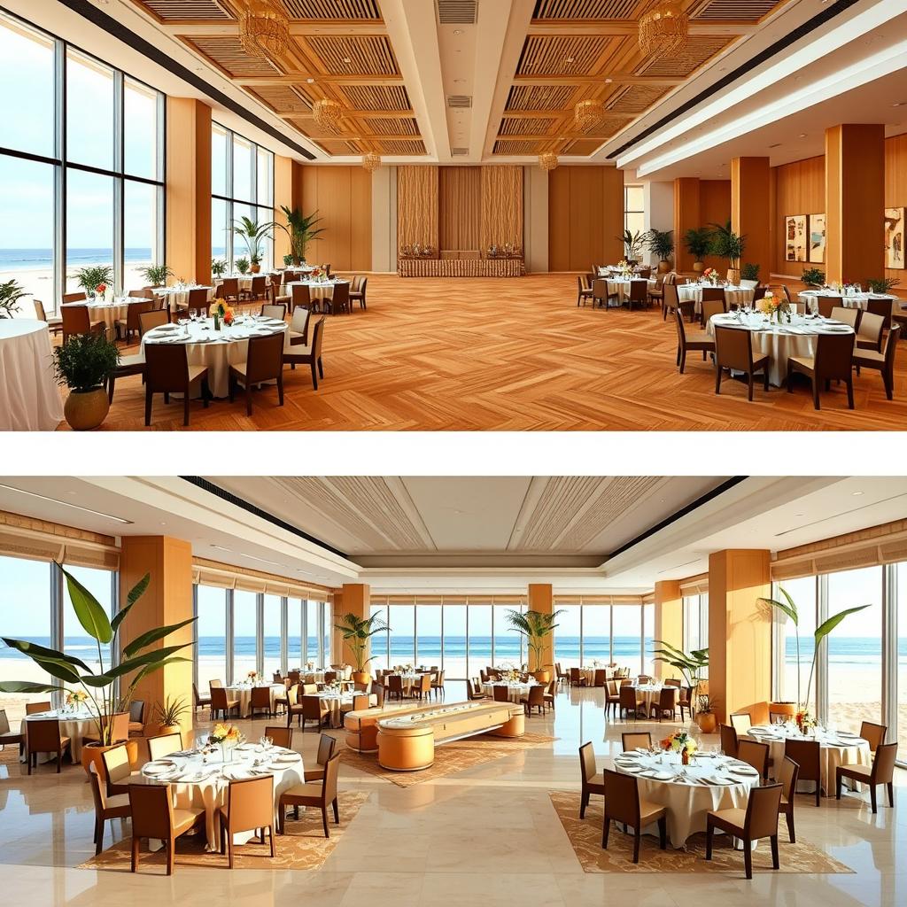 Two images showcasing a single-story banquet hall and reception hall that embody a tropical luxury aesthetic, set in a beach resort