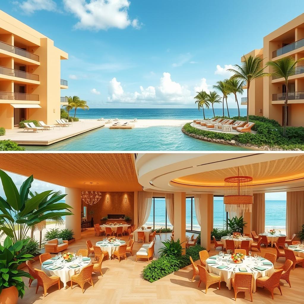 Two images featuring the landscape of a beach resort showcasing a banquet hall and reception hall designed with tropical luxury