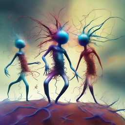 A high-quality, surreal digital art piece that portrays neuron-headed magnet dancers