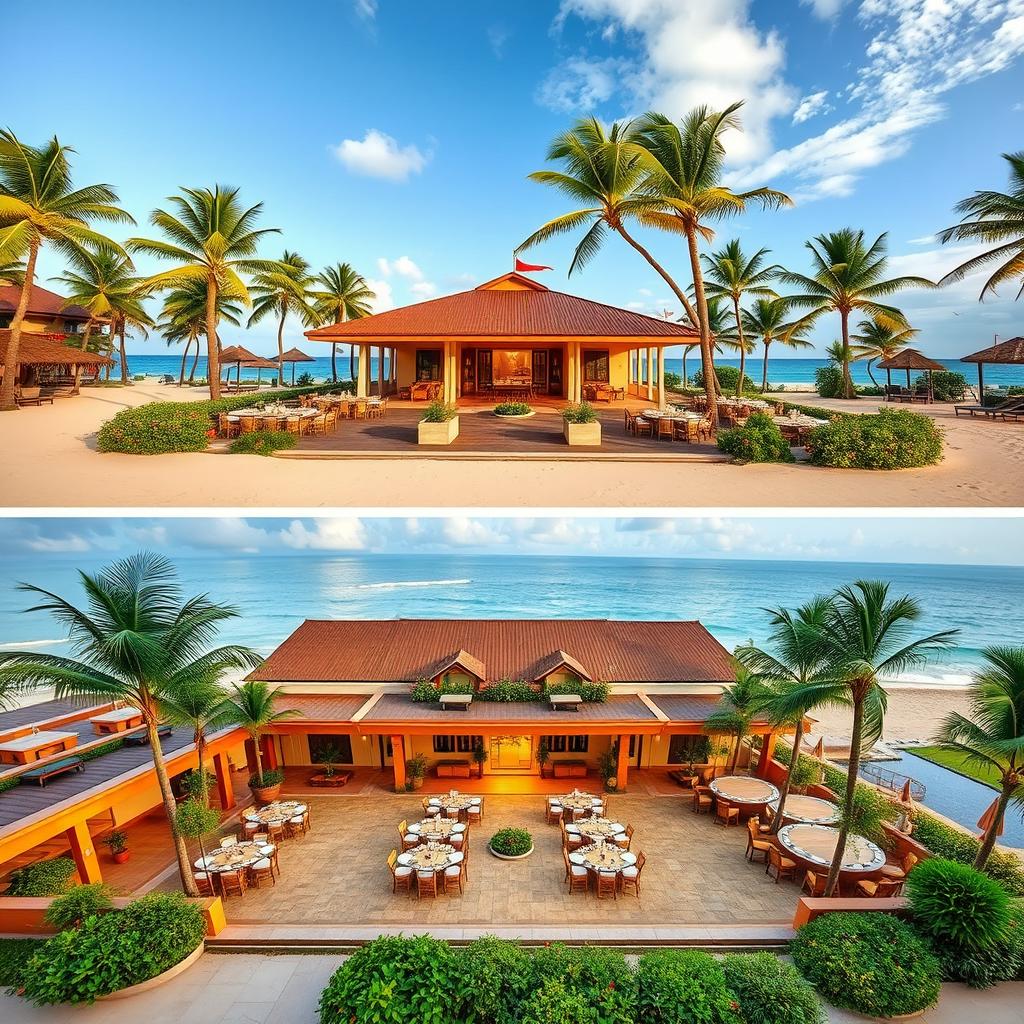 Two images depicting a landscape of a beach resort featuring a banquet hall and reception hall, designed in a tropical luxury style that is simple yet not overly fancy