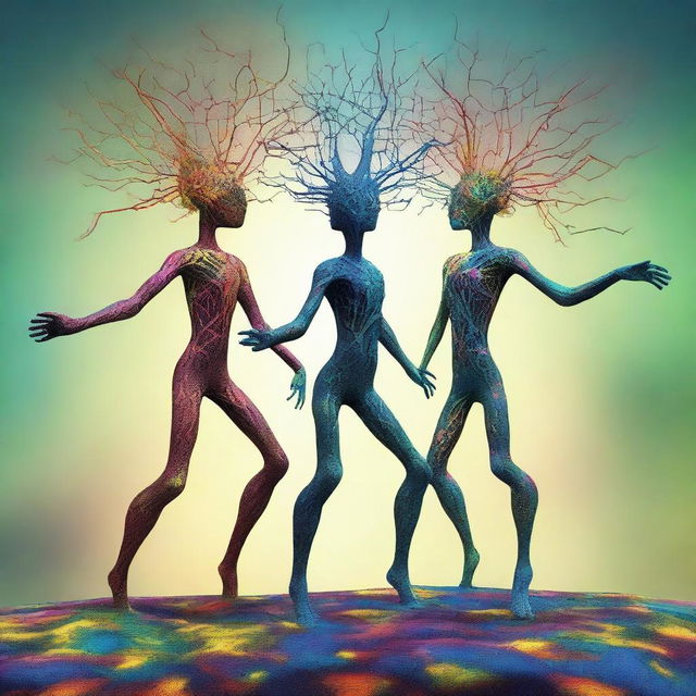 A high-quality, surreal digital art piece that portrays neuron-headed magnet dancers