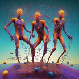 A high-quality, surreal digital art piece that portrays neuron-headed magnet dancers