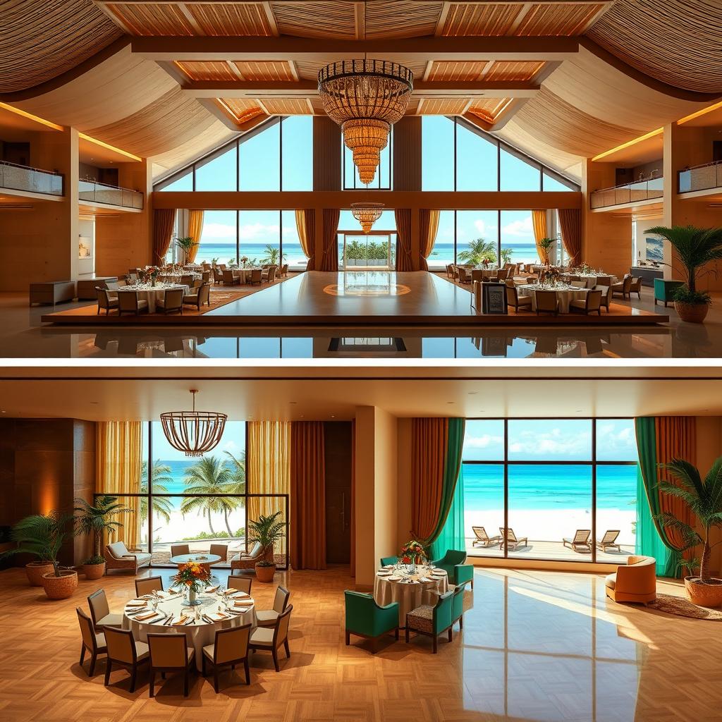Two images illustrating a landscape of a beach resort featuring a banquet hall and reception hall, designed in a tropical luxury style