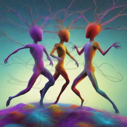 A high-quality, surreal digital art piece that portrays neuron-headed magnet dancers