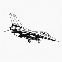 A small, high contrast, black and white vector-style illustration of an F16 airplane viewed from the side, on a white background. Use a simple, flat design and line art style without any colors.