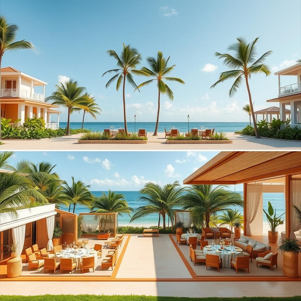 Additional two images depicting the landscape of a beach resort featuring a banquet hall and reception hall, designed with a theme of tropical luxury