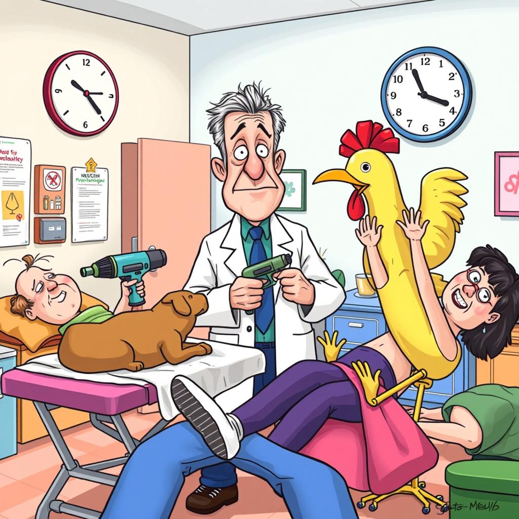 A satirical cartoon depicting a busy physiotherapist in a colorful clinic filled with humorous elements