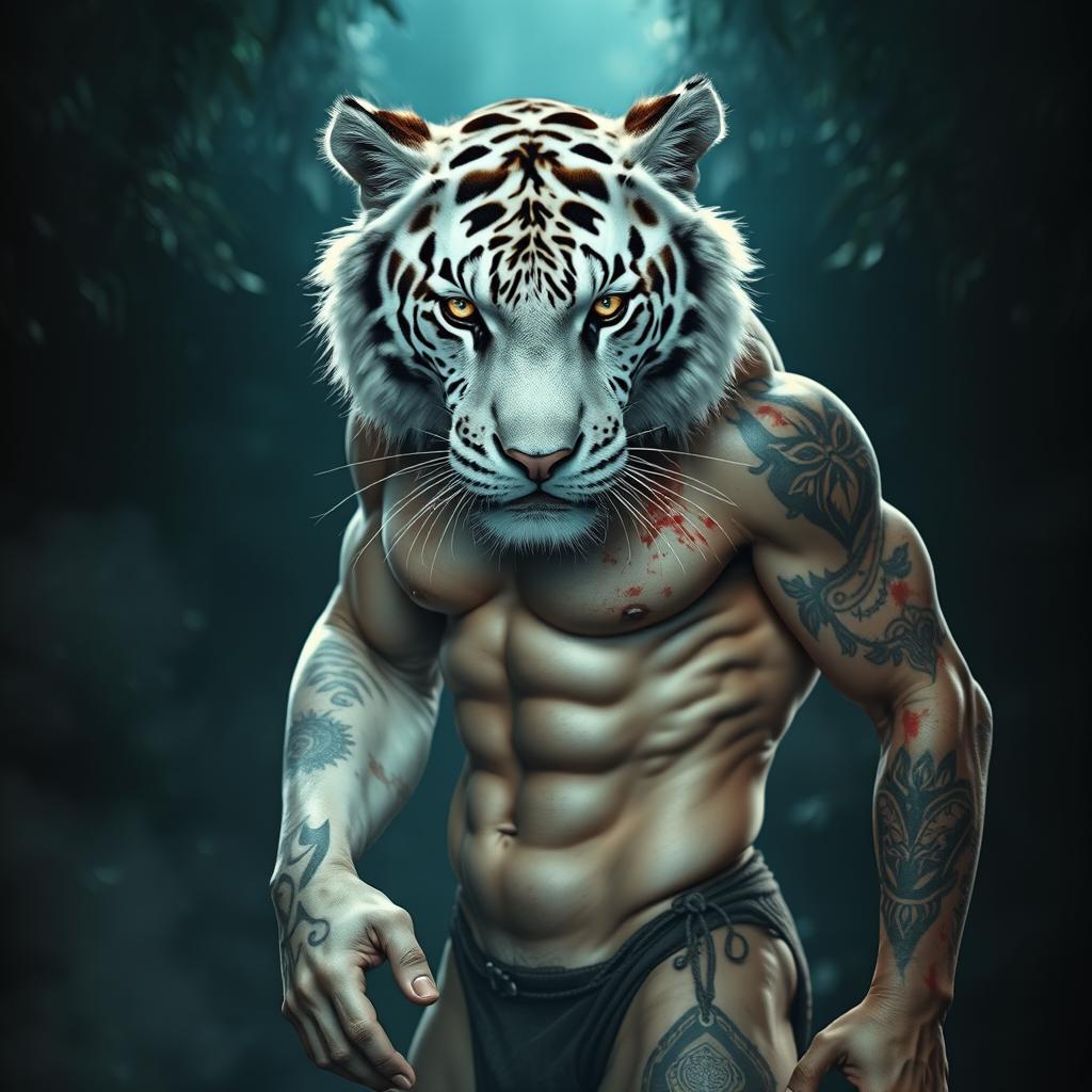 A striking image of a bloody white tiger fused with human features, exhibiting fierce eyes and powerful physique, standing in a dramatic pose