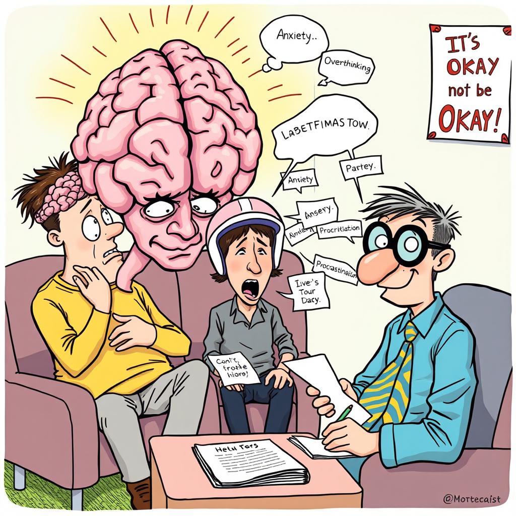 A satirical cartoon depicting a group of people in a therapy session, each humorously exaggerated to highlight their various mental traumas