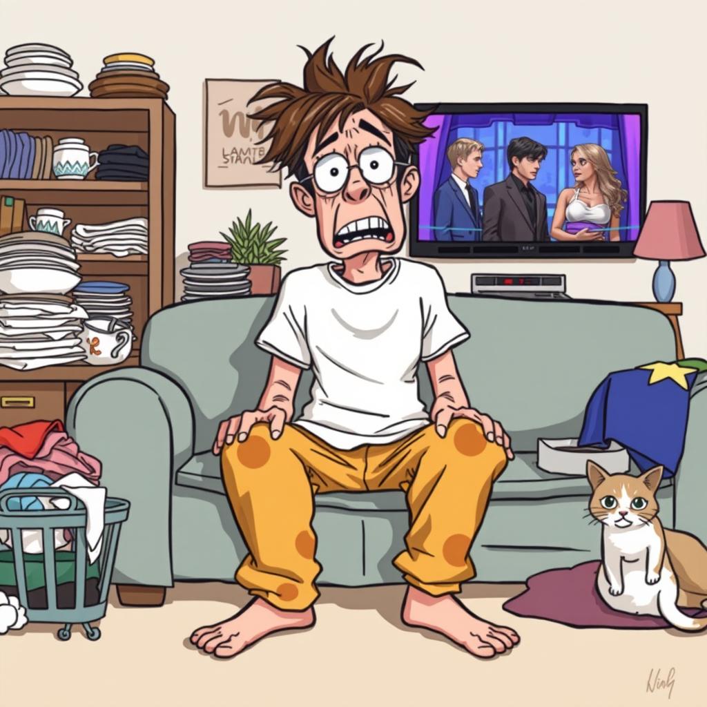A humorous and satirical illustration depicting a traumatized boyfriend sitting on a couch in a cluttered living room