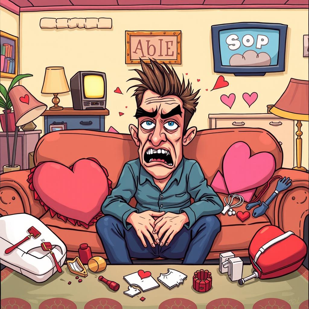 A humorous and satirical illustration depicting a boyfriend whose expression is exaggeratedly traumatized, as he sits on a couch surrounded by various comically dramatized relationship symbols, like a heart-shaped pillow, broken romantic objects, and a soap opera playing in the background