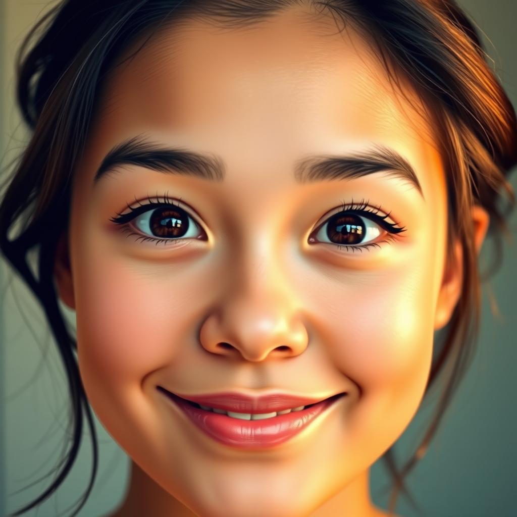 A digitally edited portrait of a person with their eyes open wide, featuring a serene and friendly expression