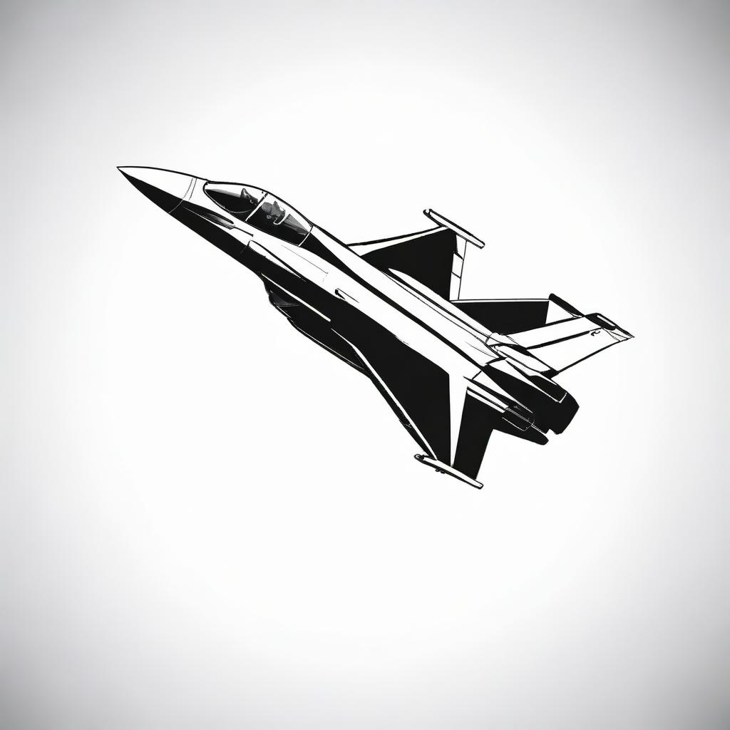 A small, high contrast, black and white vector-style illustration of an F16 airplane viewed from the side, on a white background. Use a simple, flat design and line art style without any colors.