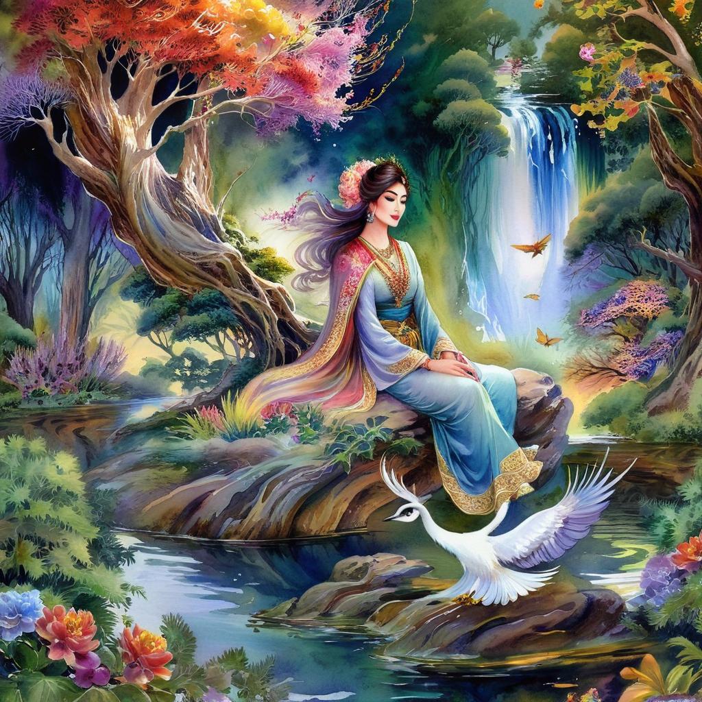Mystical and spiritual watercolor painting of a beautiful Iranian woman sitting on a rock on a beautiful and peaceful pond in a dense forest with cypress trees, plane trees, grapevines, winding bonsai trees, and a whirlwind of colorful flowers and beautiful.
