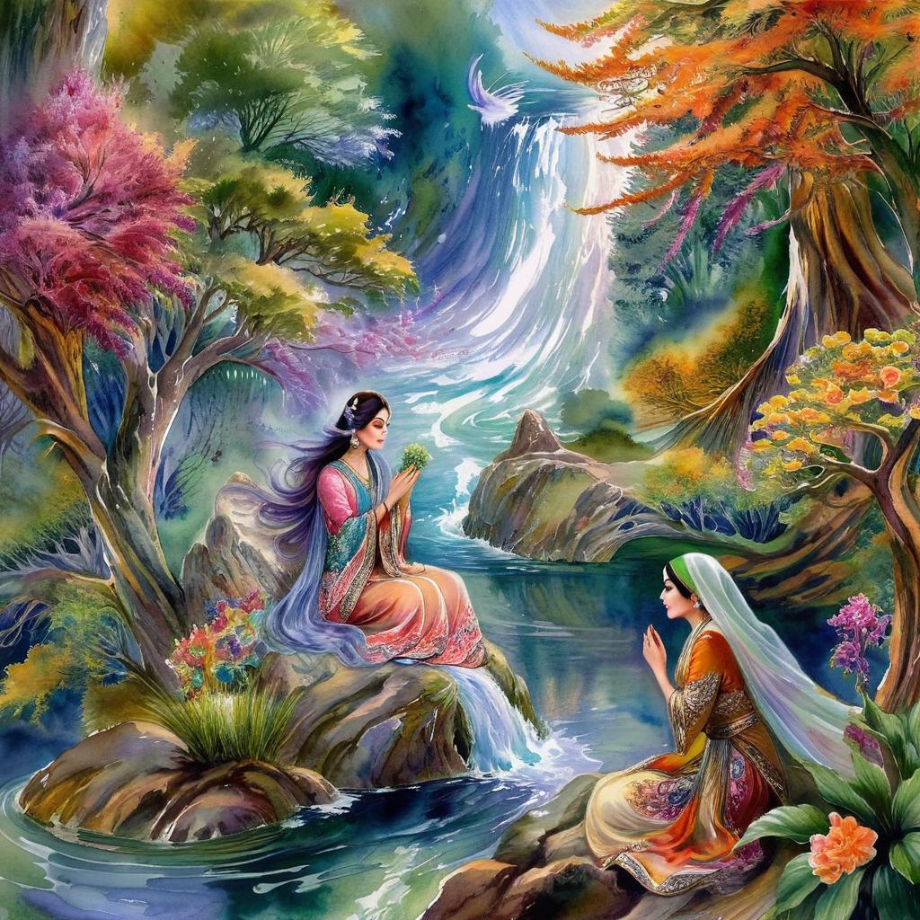Mystical and spiritual watercolor painting of a beautiful Iranian woman sitting on a rock on a beautiful and peaceful pond in a dense forest with cypress trees, plane trees, grapevines, winding bonsai trees, and a whirlwind of colorful flowers and beautiful.