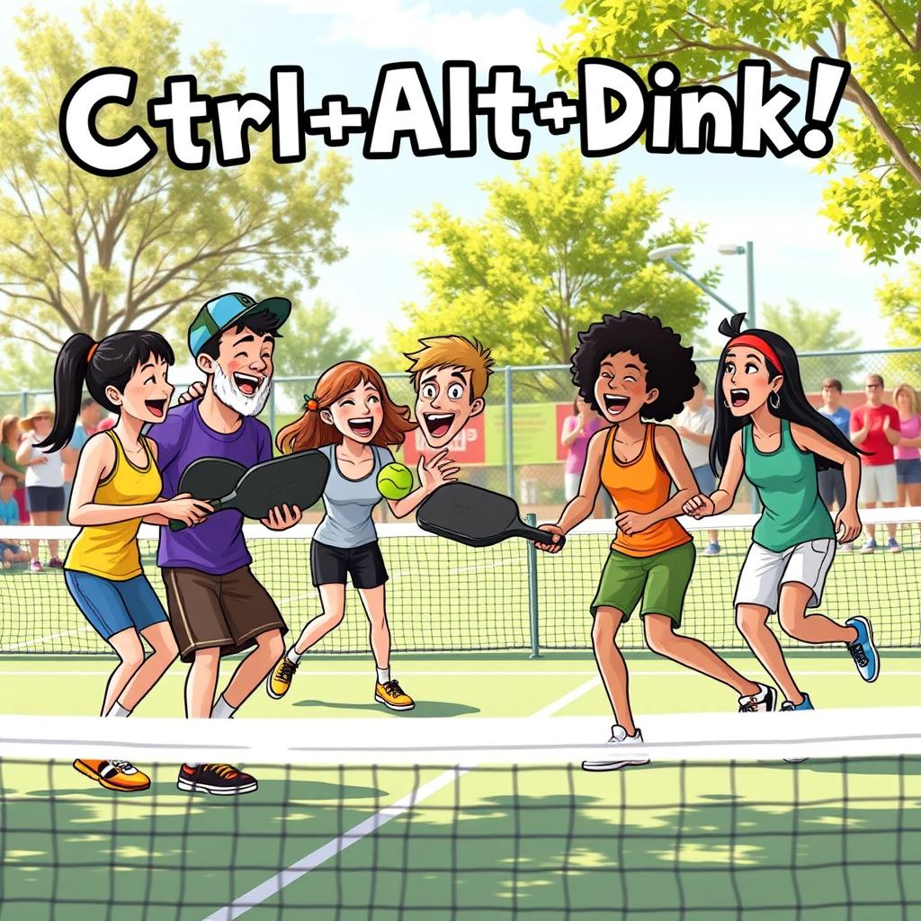 A humorous pickleball scene featuring dynamic characters engaged in a lively match