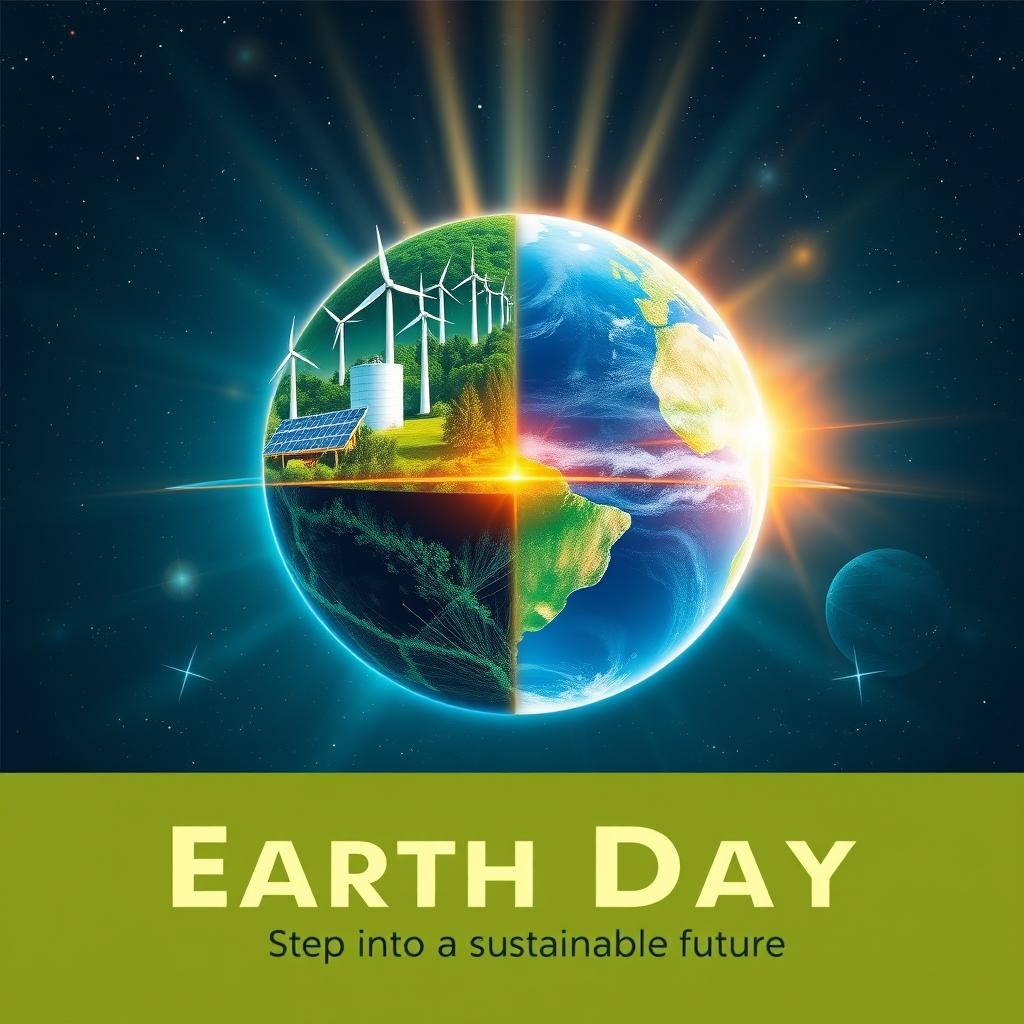 A futuristic poster design for Earth Day featuring a glowing planet Earth split into two halves: one side adorned with solar panels and wind turbines symbolizing clean energy, while the other showcases lush green forests and clear blue oceans