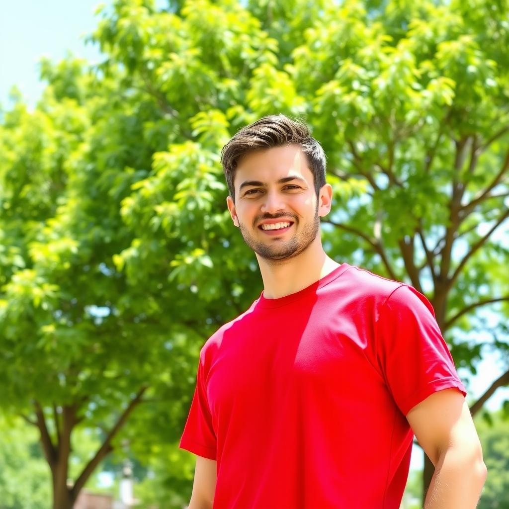 A man wearing a vibrant red t-shirt, standing confidently with a bright smile, surrounded by a sunny outdoor environment