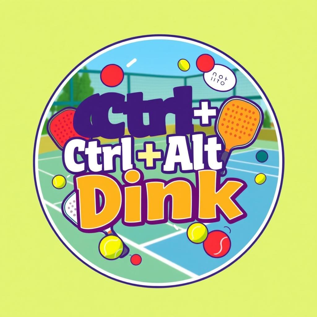 A circular image design featuring the playful phrase 'Ctrl+Alt+Dink' in bold, fun typography, surrounded by elements representing pickleball, such as paddles, balls, and a pickleball court