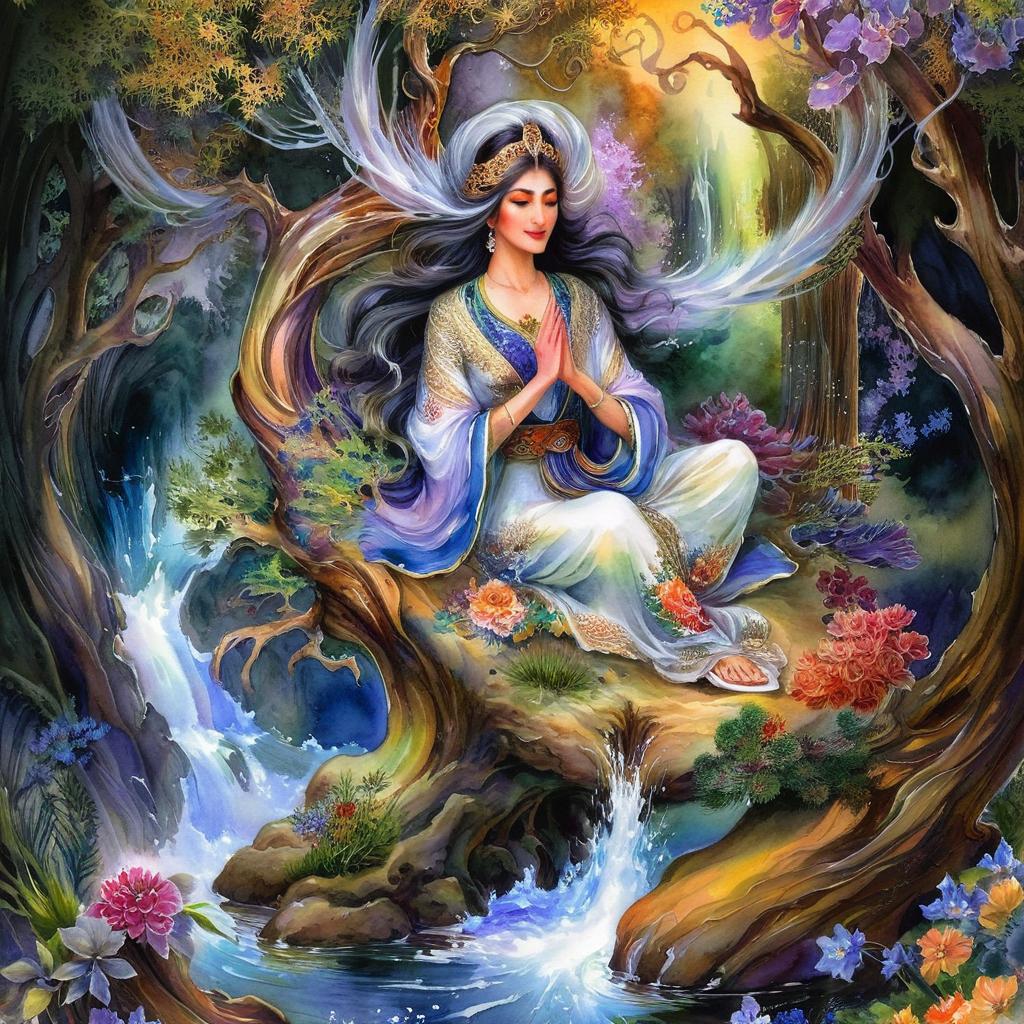 Mystical and spiritual watercolor painting of a beautiful Iranian woman sitting on a rock on a beautiful and peaceful pond in a dense forest with cypress trees, plane trees, grapevines, winding bonsai trees, and a whirlwind of colorful flowers and beautiful.