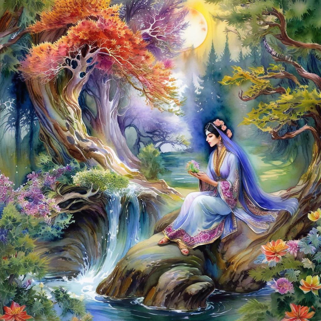 Mystical and spiritual watercolor painting of a beautiful Iranian woman sitting on a rock on a beautiful and peaceful pond in a dense forest with cypress trees, plane trees, grapevines, winding bonsai trees, and a whirlwind of colorful flowers and beautiful.