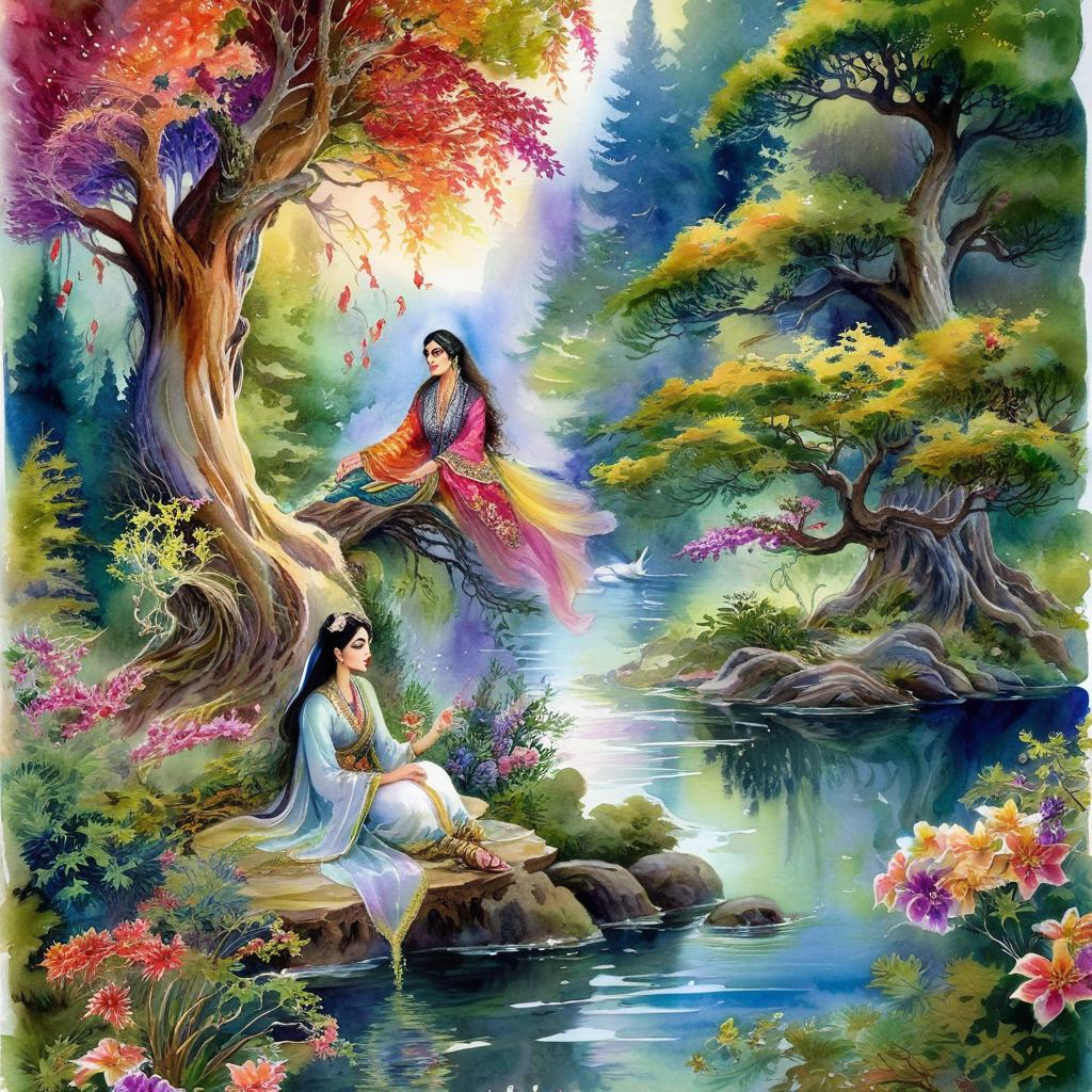 Mystical and spiritual watercolor painting of a beautiful Iranian woman sitting on a rock on a beautiful and peaceful pond in a dense forest with cypress trees, plane trees, grapevines, winding bonsai trees, and a whirlwind of colorful flowers and beautiful.