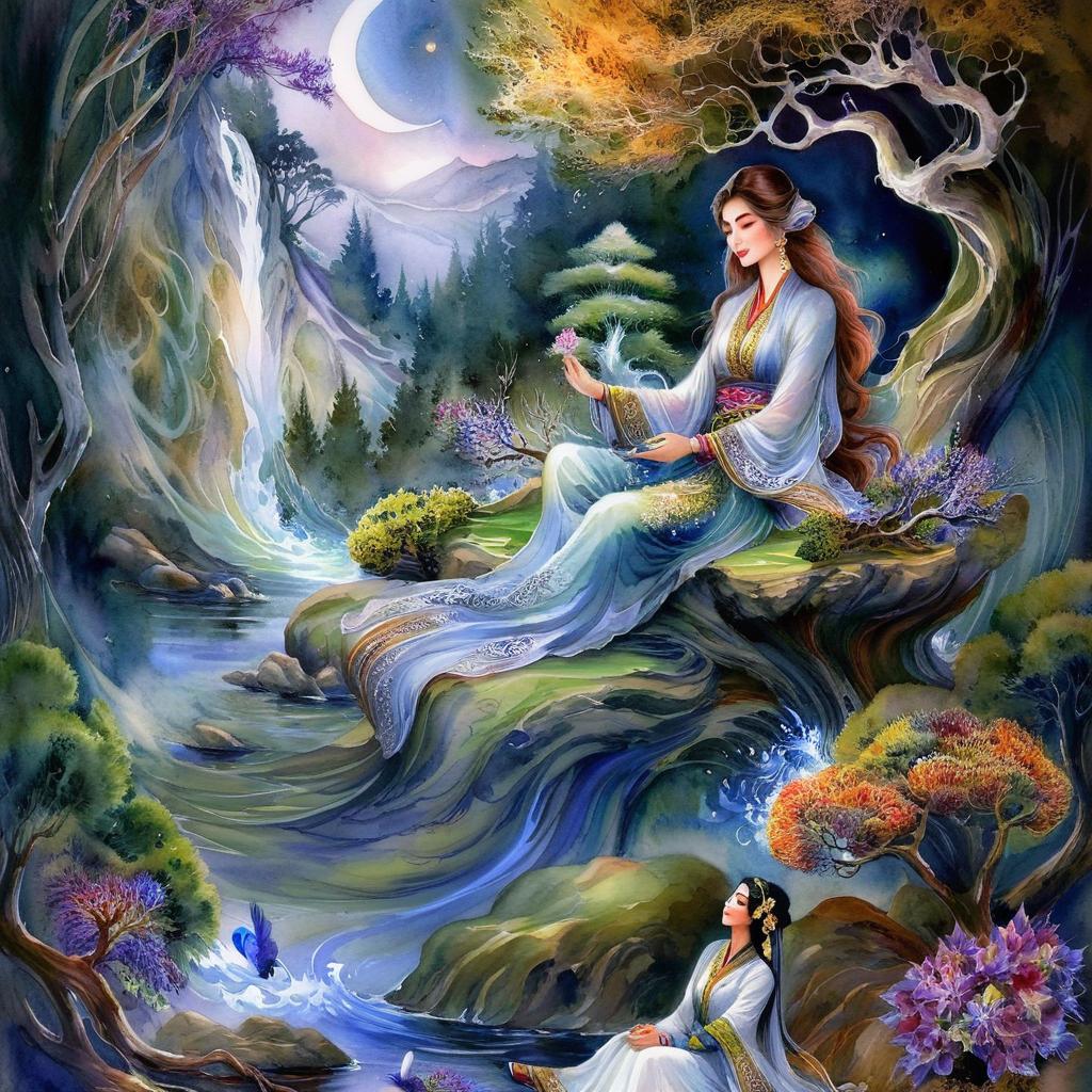 Mystical and spiritual watercolor painting of a beautiful Iranian woman sitting on a rock on a beautiful and peaceful pond in a dense forest with cypress trees, plane trees, grapevines, winding bonsai trees, and a whirlwind of colorful flowers and beautiful.