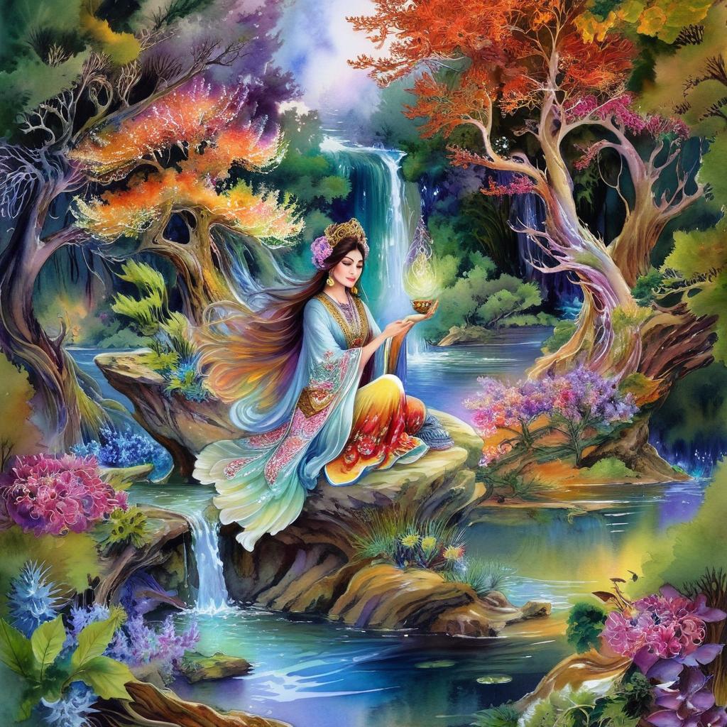Mystical and spiritual watercolor painting of a beautiful Iranian woman sitting on a rock on a beautiful and peaceful pond in a dense forest with cypress trees, plane trees, grapevines, winding bonsai trees, and a whirlwind of colorful flowers and beautiful.