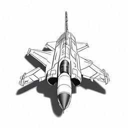 A high contrast, small, black and white vector-style top view of an F16 airplane on a white background. Ensure a simple, flat line art design with no use of colors.