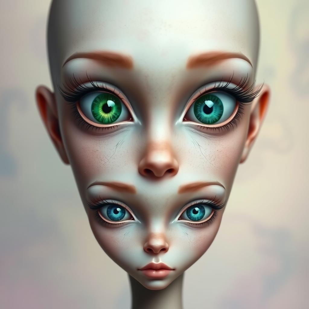 A surrealistic portrait of a humanoid figure featuring two distinct sets of eyes
