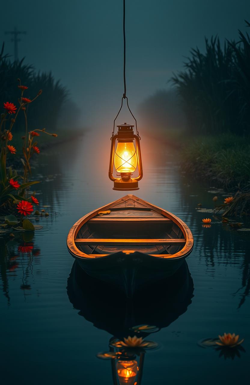 A serene river scene at twilight, with a small wooden boat floating gently on the water