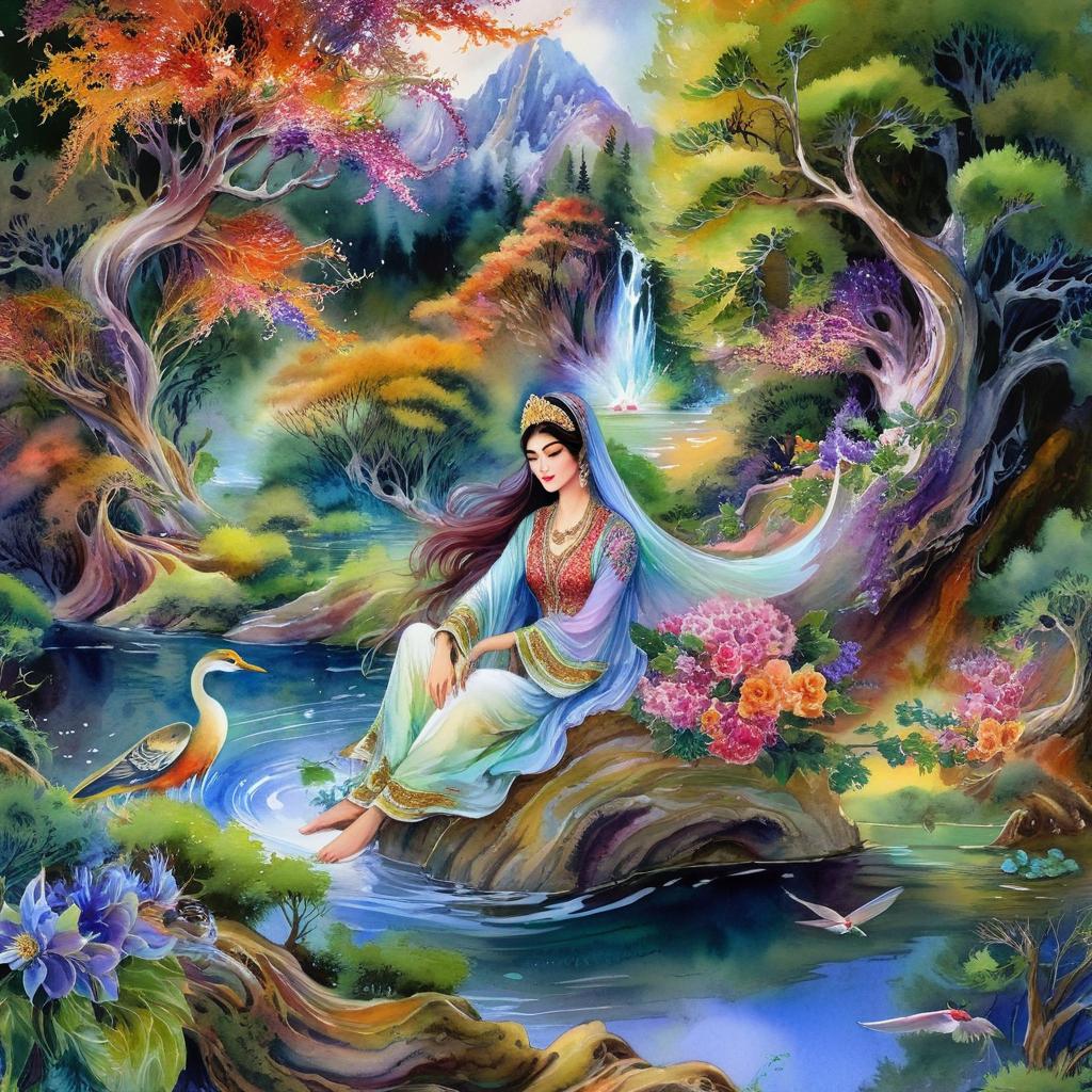 Mystical and spiritual watercolor painting of a beautiful Iranian woman sitting on a rock on a beautiful and peaceful pond in a dense forest with cypress trees, plane trees, grapevines, winding bonsai trees, and a whirlwind of colorful flowers and beautiful.