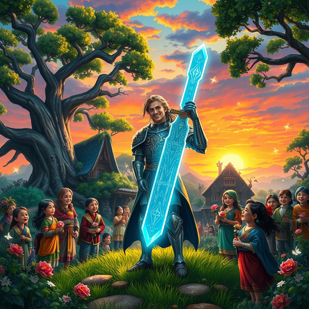 A vibrant fantasy scene depicting a legendary hero returning to a mystical village, surrounded by lush greenery and ancient trees